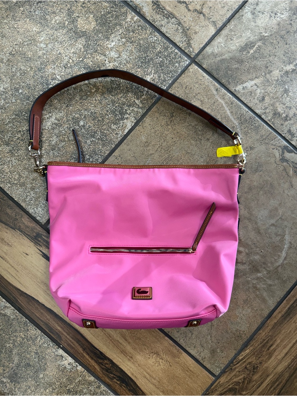 Dooney & Bourke Bright Pink Nylon Shoulder Bag with Brown Strap